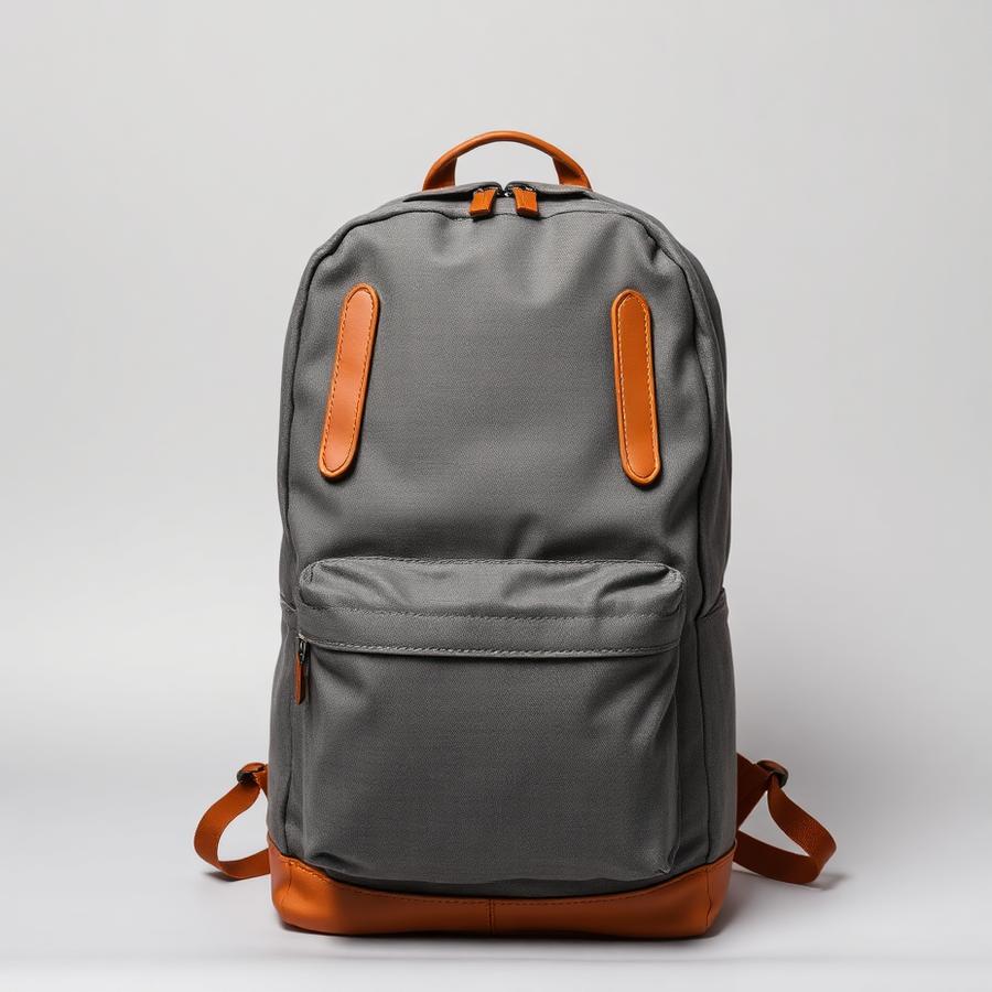 Grey canvas casual backpack with tan leather details