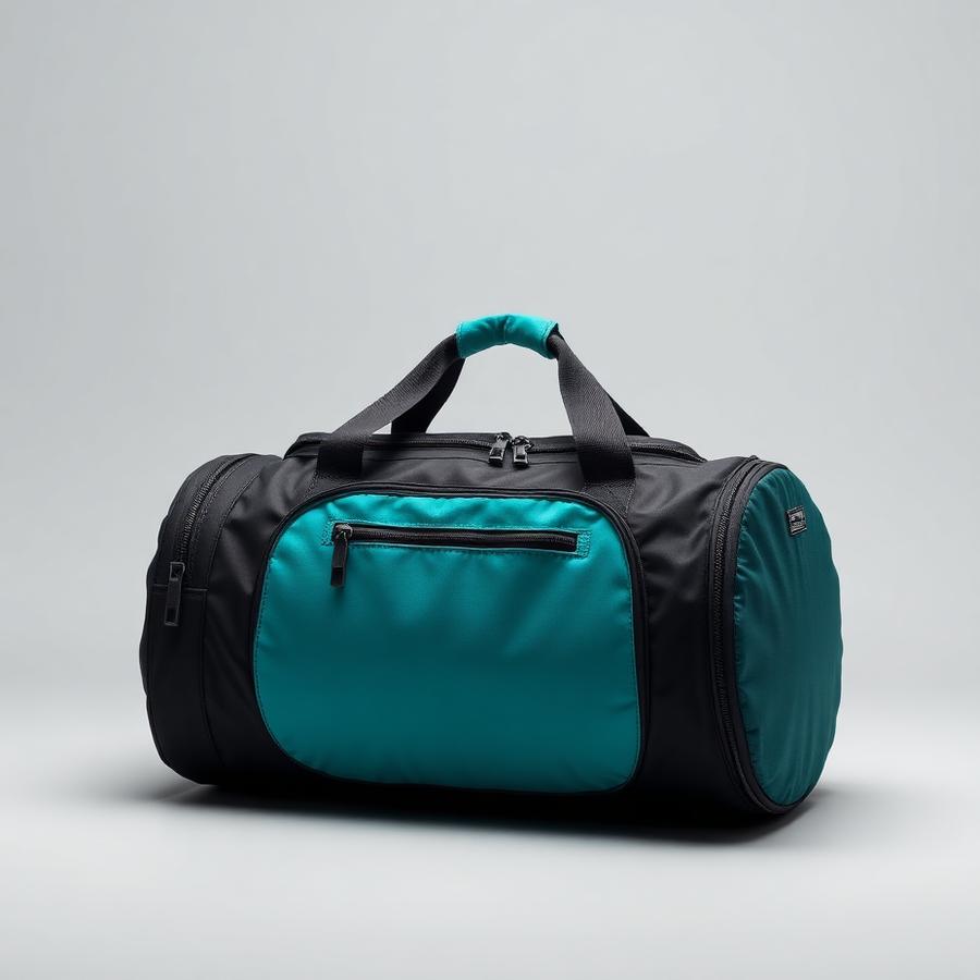 Black and teal cylindrical gym duffle bag