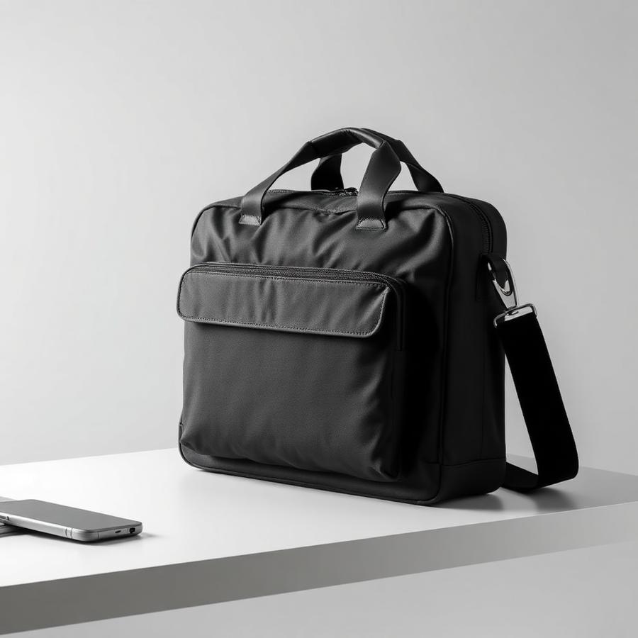Charcoal laptop messenger bag on a clean workspace