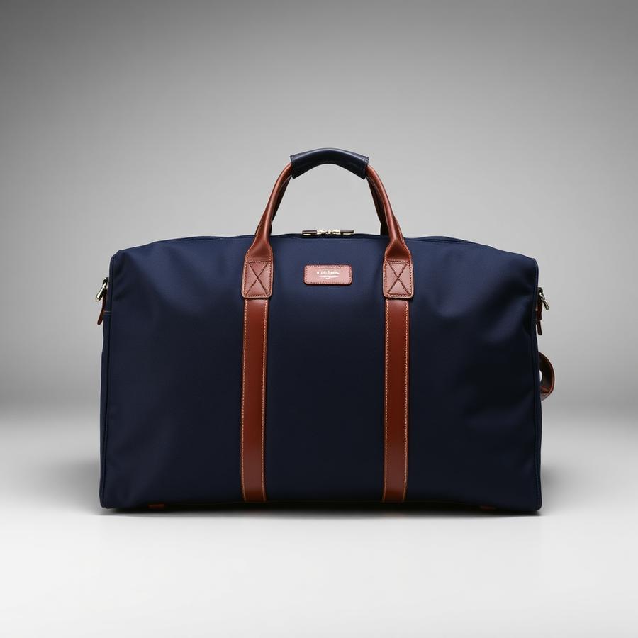 Navy travel duffle bag with leather trim